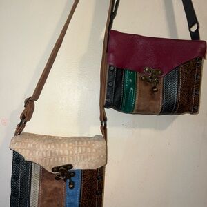 Two original and unique handmade leather and wood bags